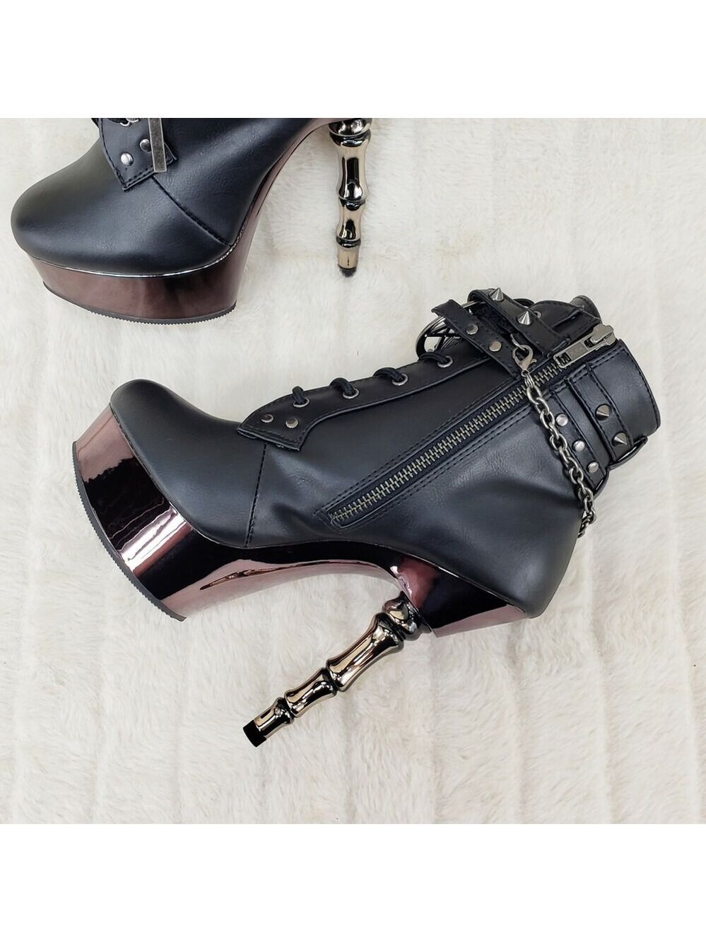 NIB MUERTO 1001 Finger Bone Heel Platform Biker Ankle Boots Charm Chain - Picture 6 of 12